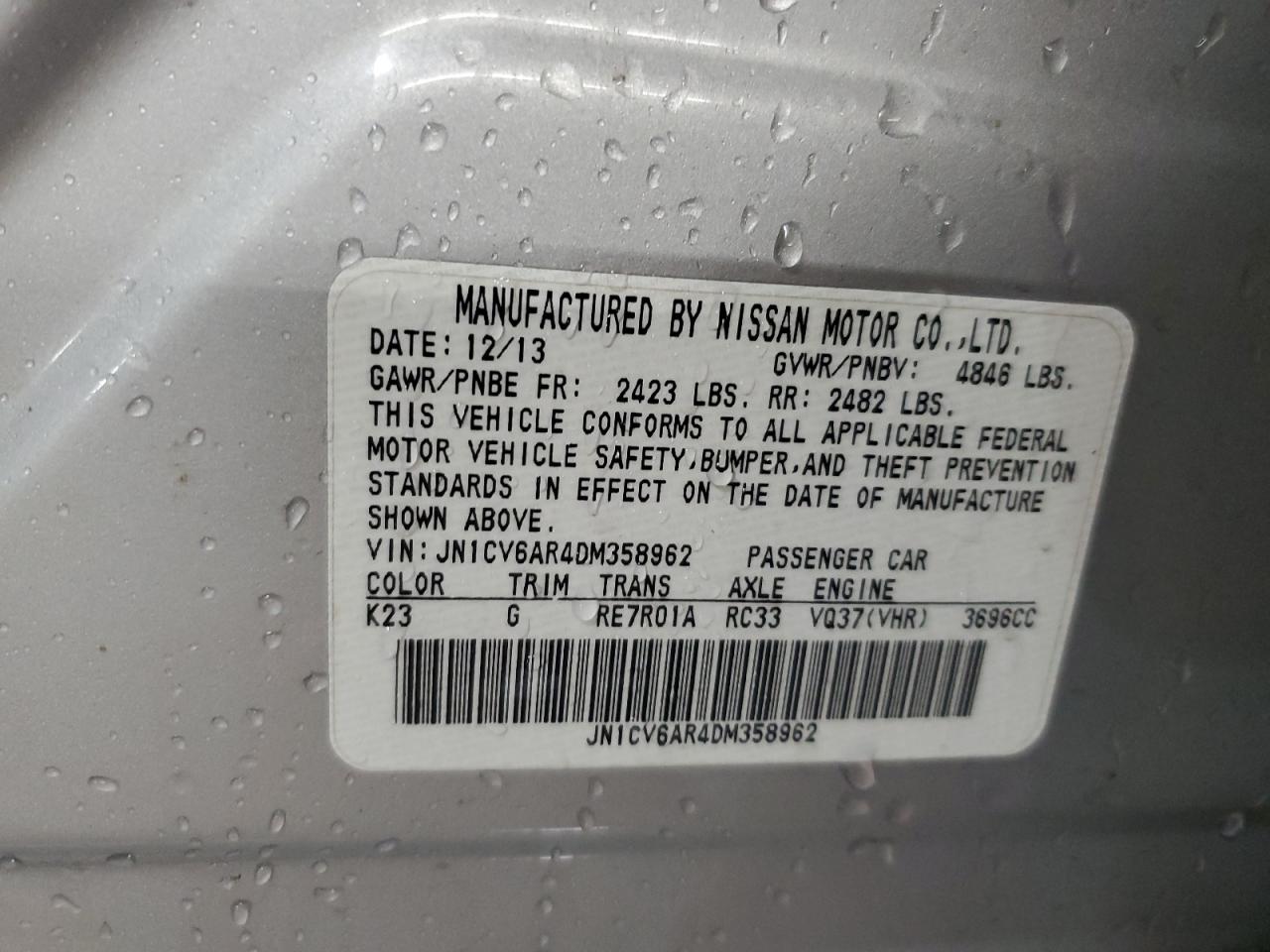 2013 Infiniti G37 VIN: JN1CV6AR4DM358962 Lot: 91939555