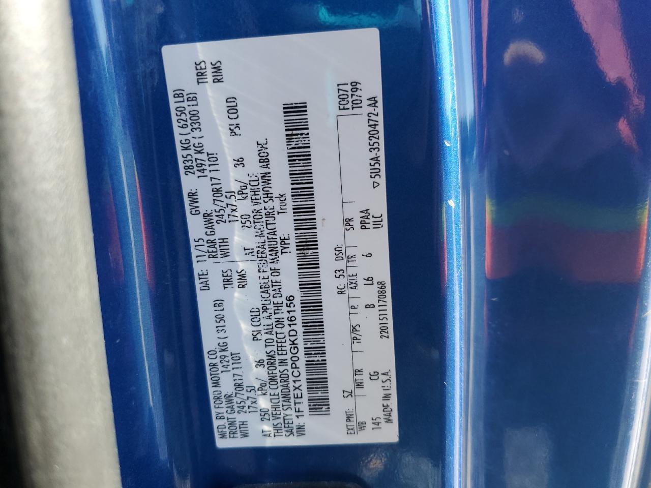 2016 Ford F150 Super Cab VIN: 1FTEX1CP0GKD16156 Lot: 90580015