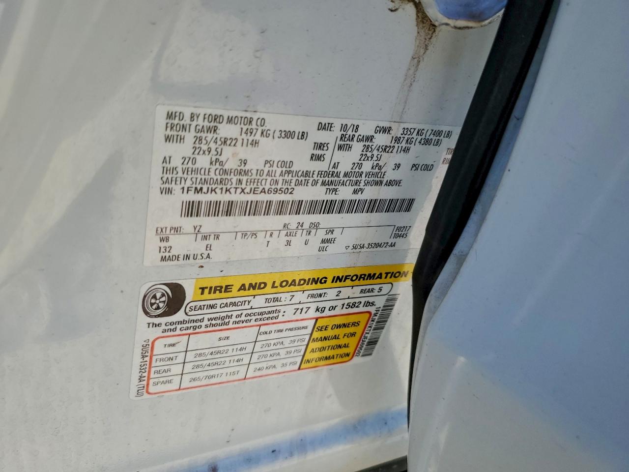 2018 Ford Expedition Max Limited VIN: 1FMJK1KTXJEA69502 Lot: 91686635