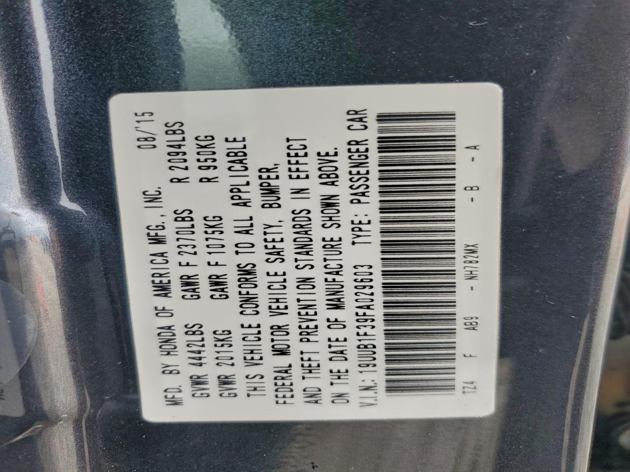 2015 Acura Tlx VIN: 19UUB1F39FA029603 Lot: 94405305