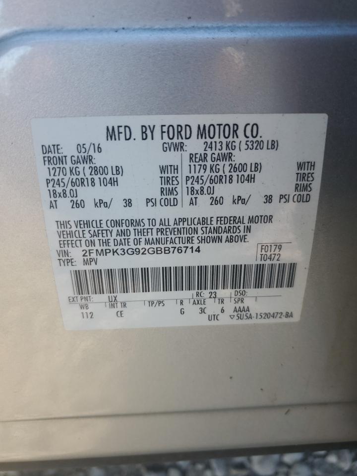 2016 Ford Edge Se VIN: 2FMPK3G92GBB76714 Lot: 91441385