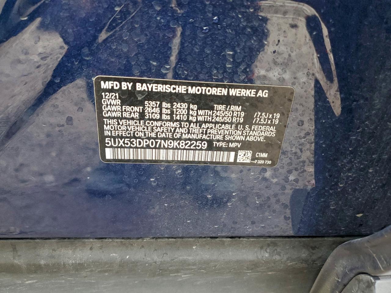 2022 BMW X3 xDrive30I VIN: 5UX53DP07N9K82259 Lot: 93985905