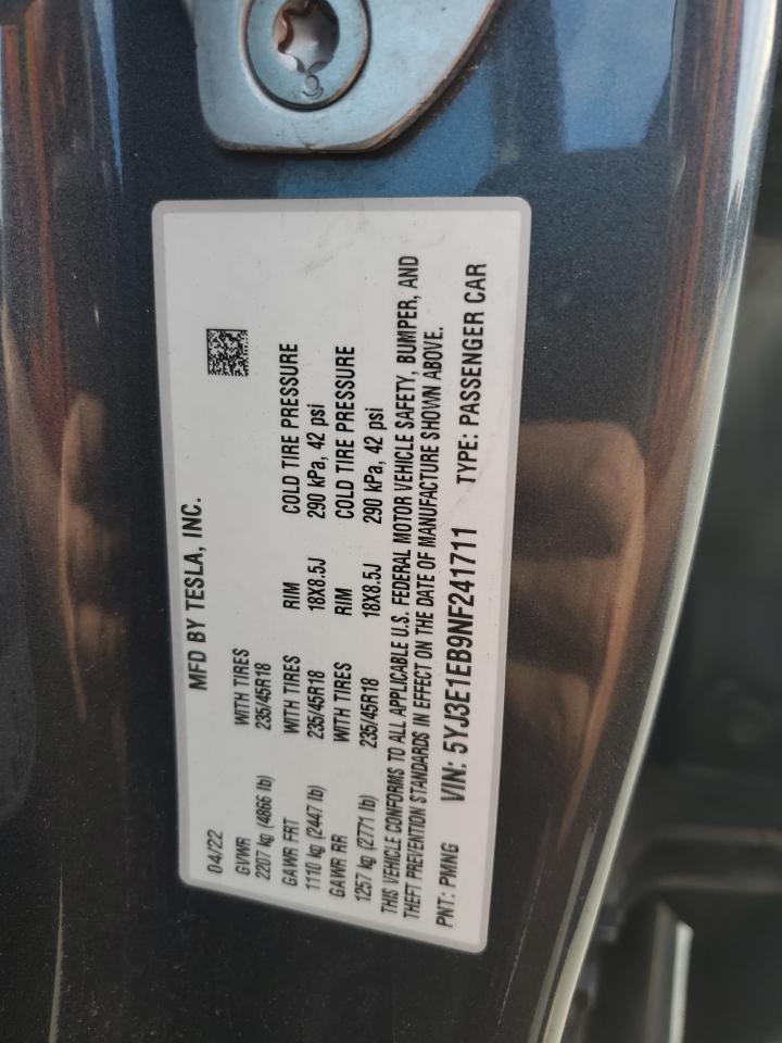 2022 Tesla Model 3 VIN: 5YJ3E1EB9NF241711 Lot: 92730985