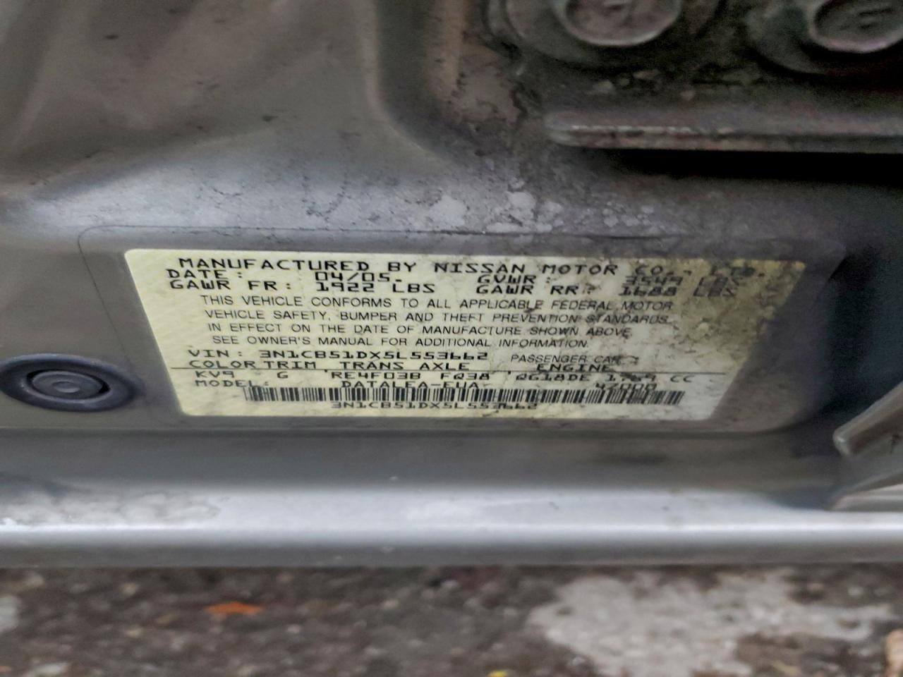 2005 Nissan Sentra 1.8 VIN: 3N1CB51DX5L553662 Lot: 92991035