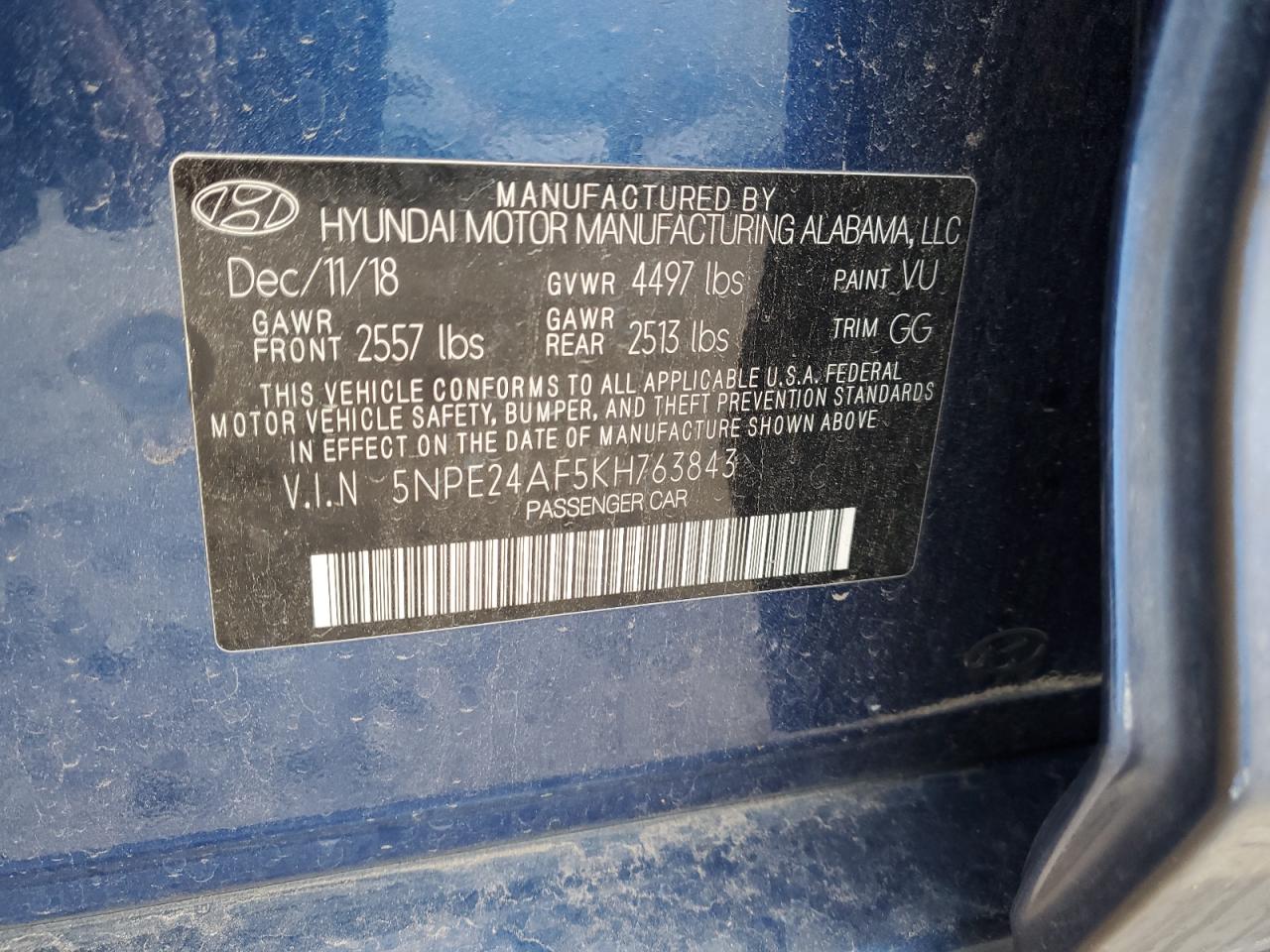 2019 Hyundai Sonata Se VIN: 5NPE24AF5KH763843 Lot: 93555435