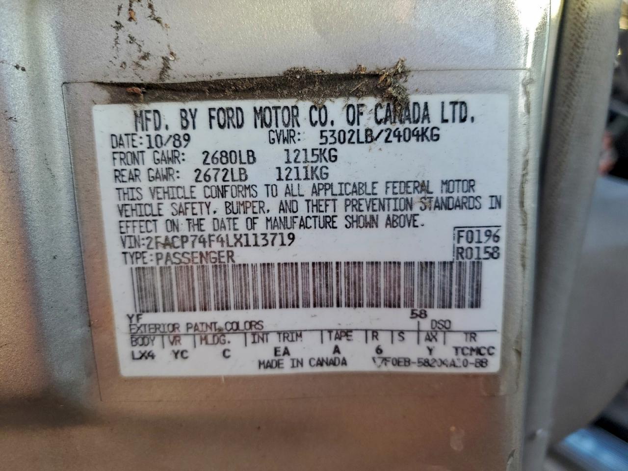 1990 Ford Crown Victoria Lx VIN: 2FACP74F4LX113719 Lot: 94689595