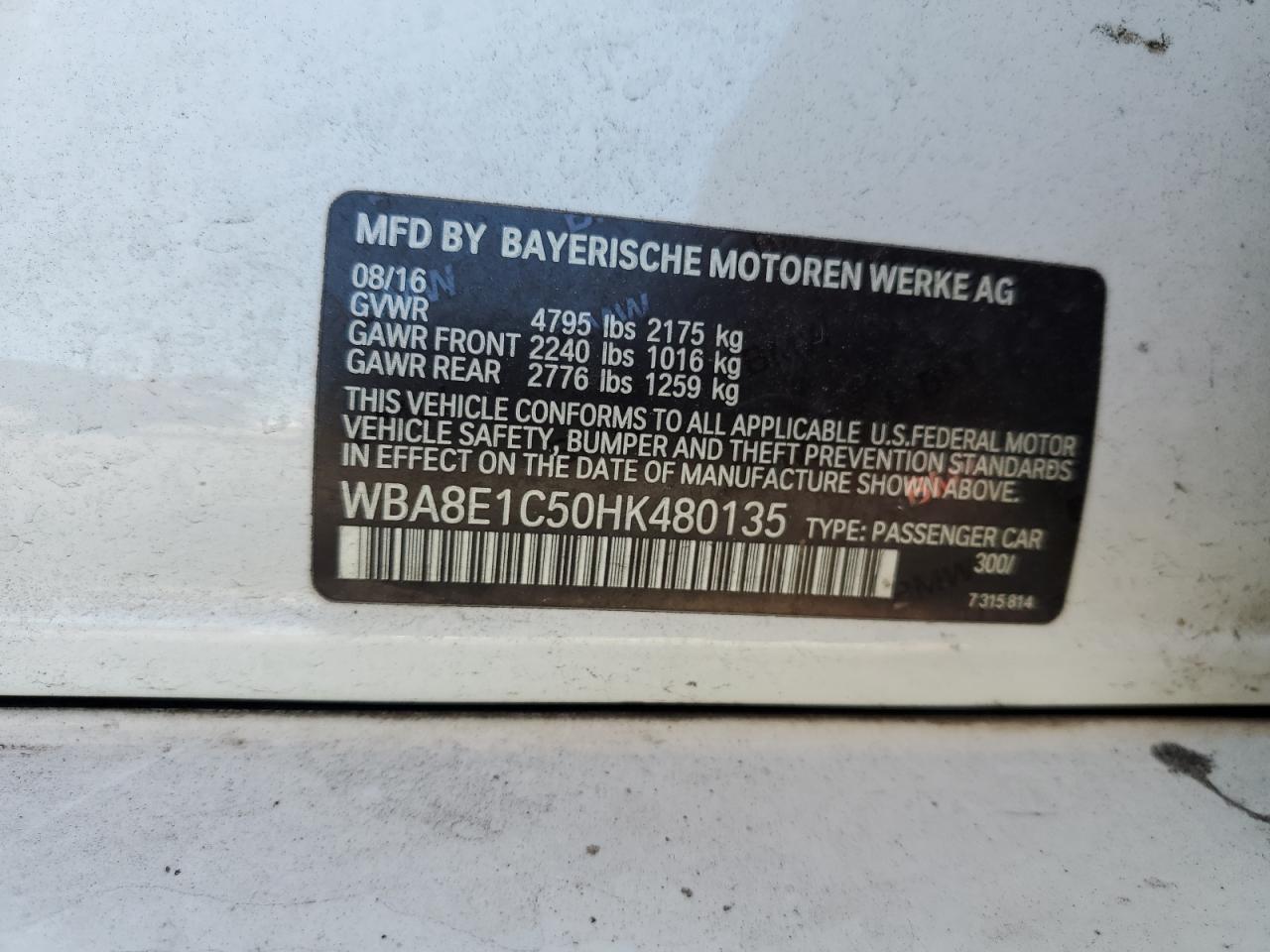 2017 BMW 330E VIN: WBA8E1C50HK480135 Lot: 92761385