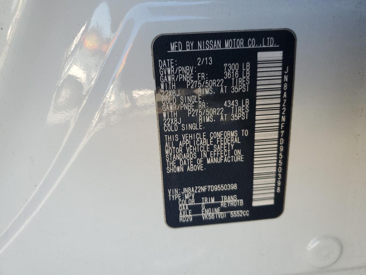 2013 Infiniti Qx56 VIN: JN8AZ2NF7D9550398 Lot: 92719505