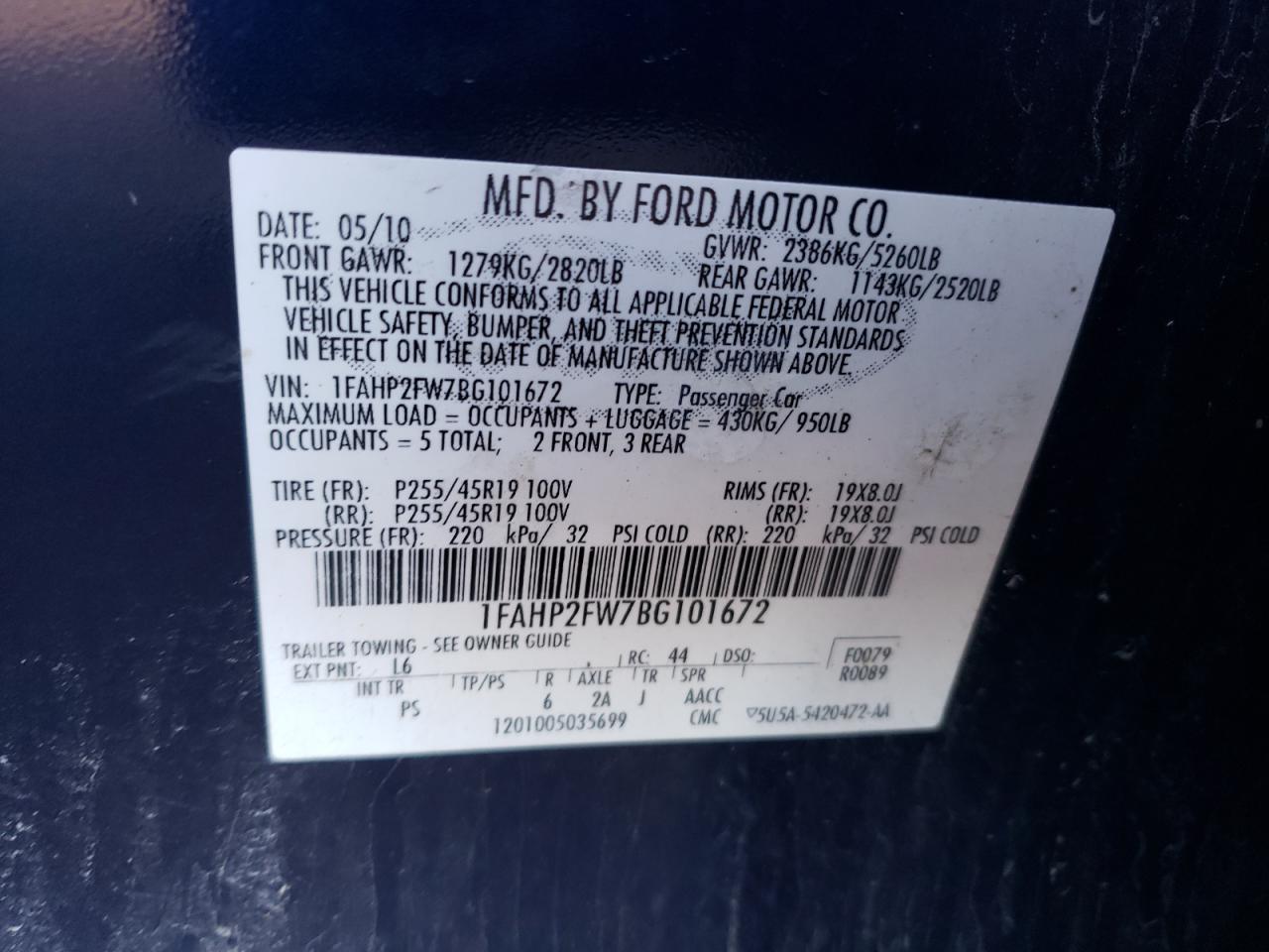 2011 Ford Taurus Limited VIN: 1FAHP2FW7BG101672 Lot: 92638705