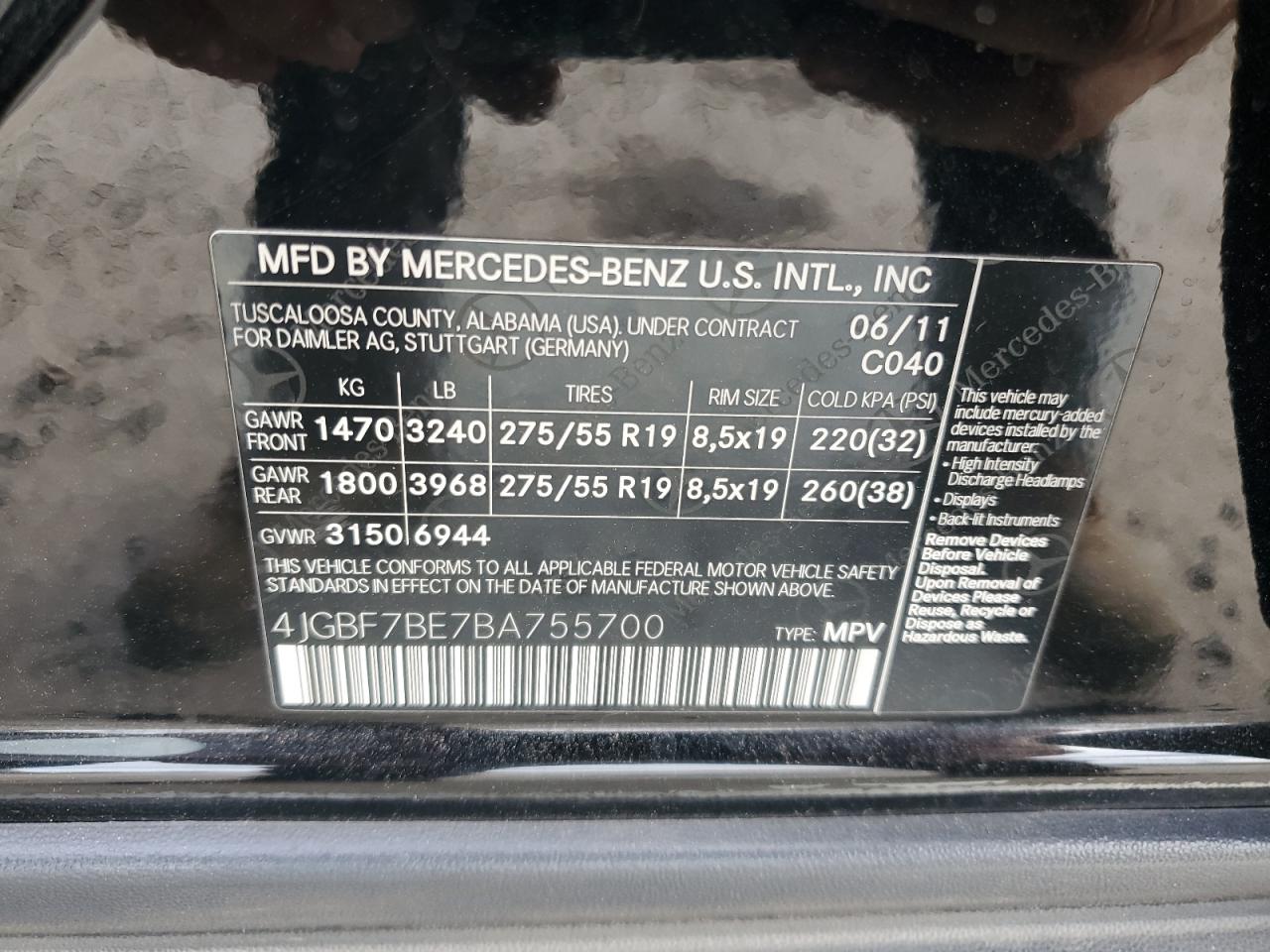 2011 Mercedes-Benz Gl 450 4Matic VIN: 4JGBF7BE7BA755700 Lot: 91550015