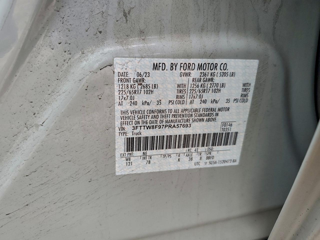 2023 Ford Maverick Xl VIN: 3FTTW8F97PRA57693 Lot: 94537525