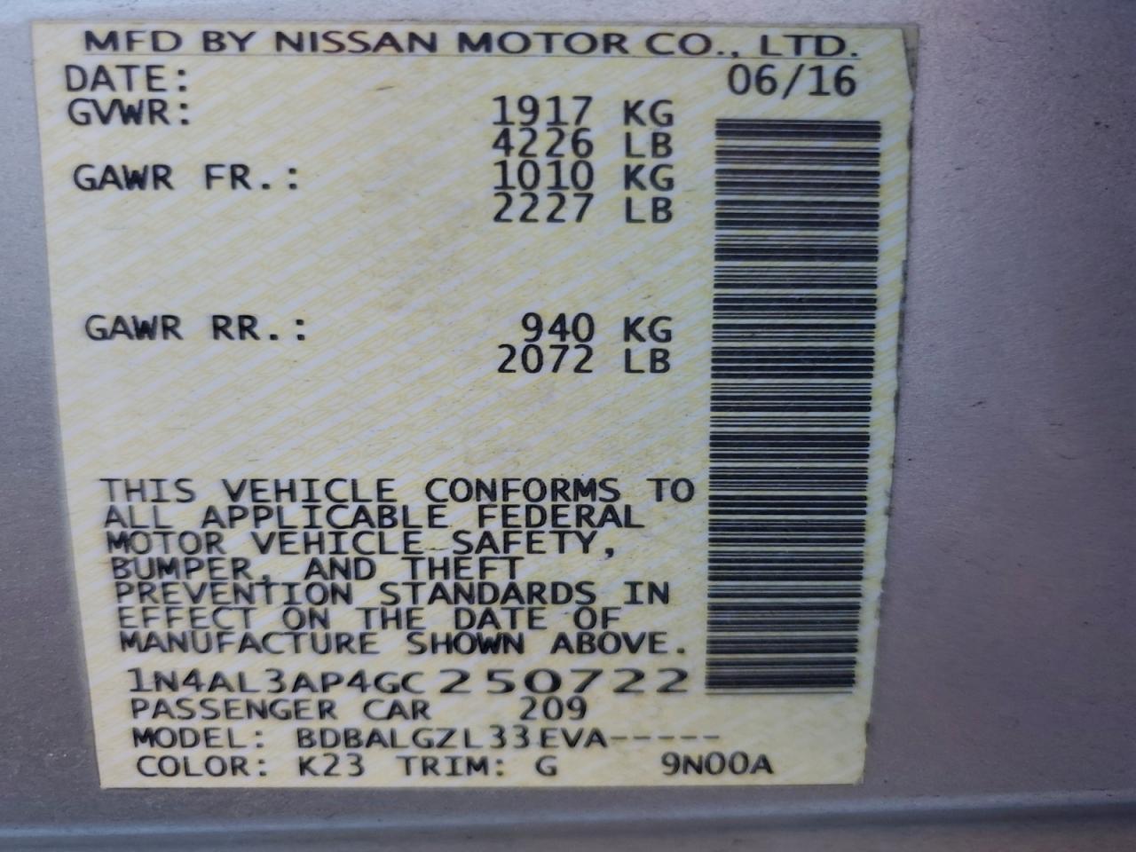 2016 Nissan Altima 2.5 VIN: 1N4AL3AP4GC250722 Lot: 93775115