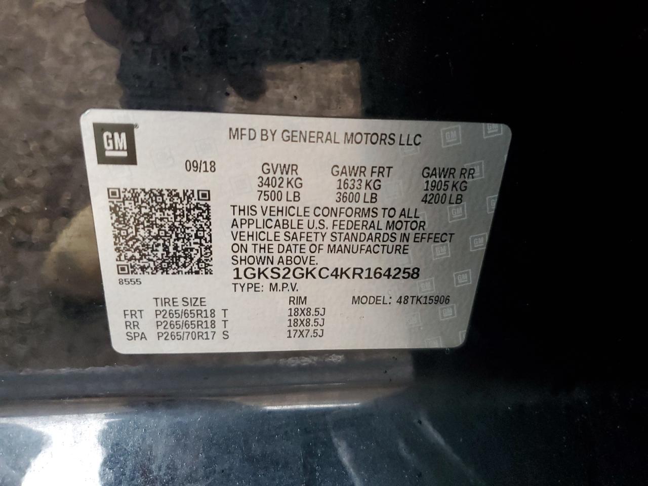 2019 GMC Yukon Xl K1500 Slt VIN: 1GKS2GKC4KR164258 Lot: 93189125