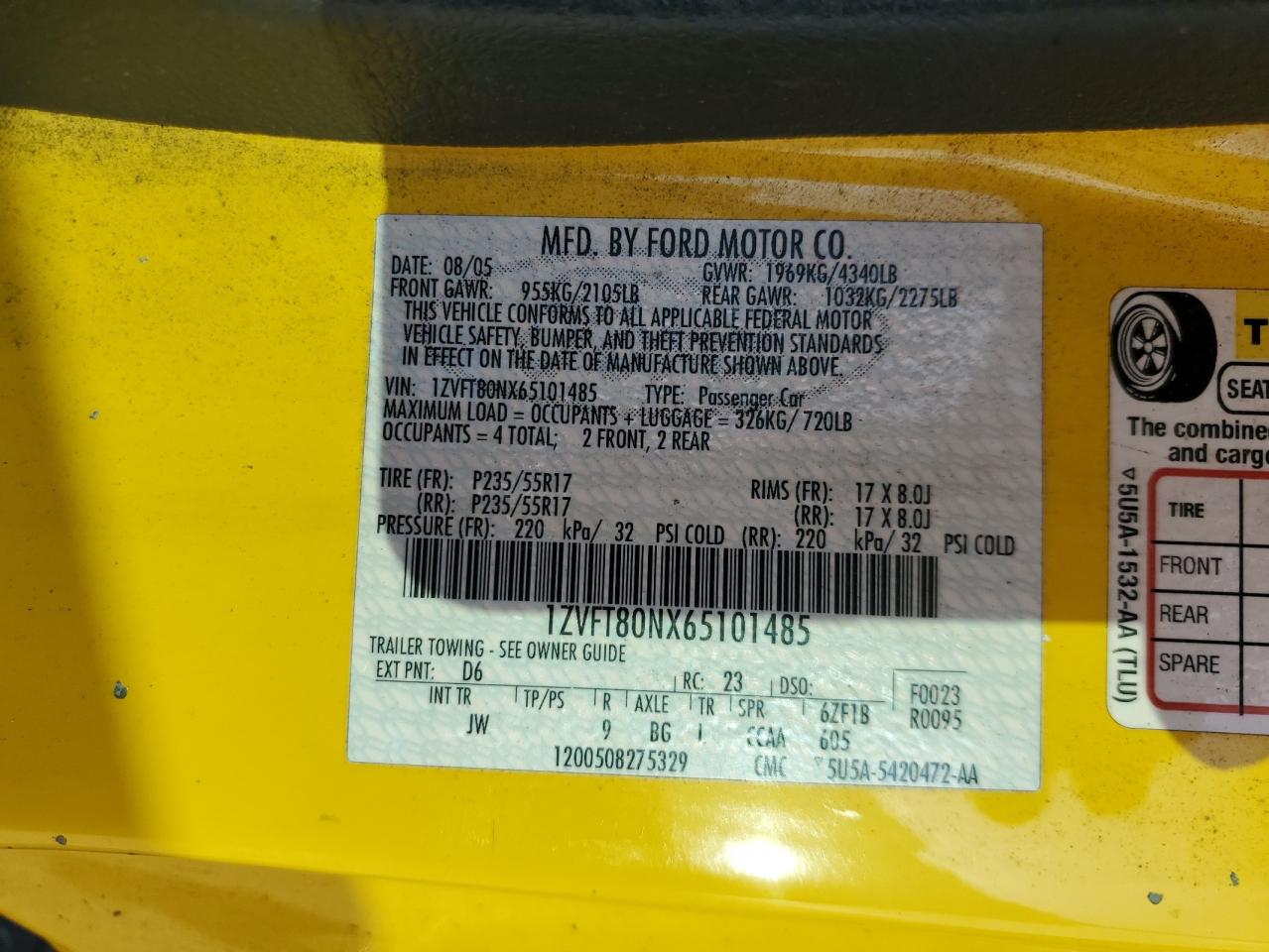 2006 Ford Mustang VIN: 1ZVFT80NX65101485 Lot: 93646925