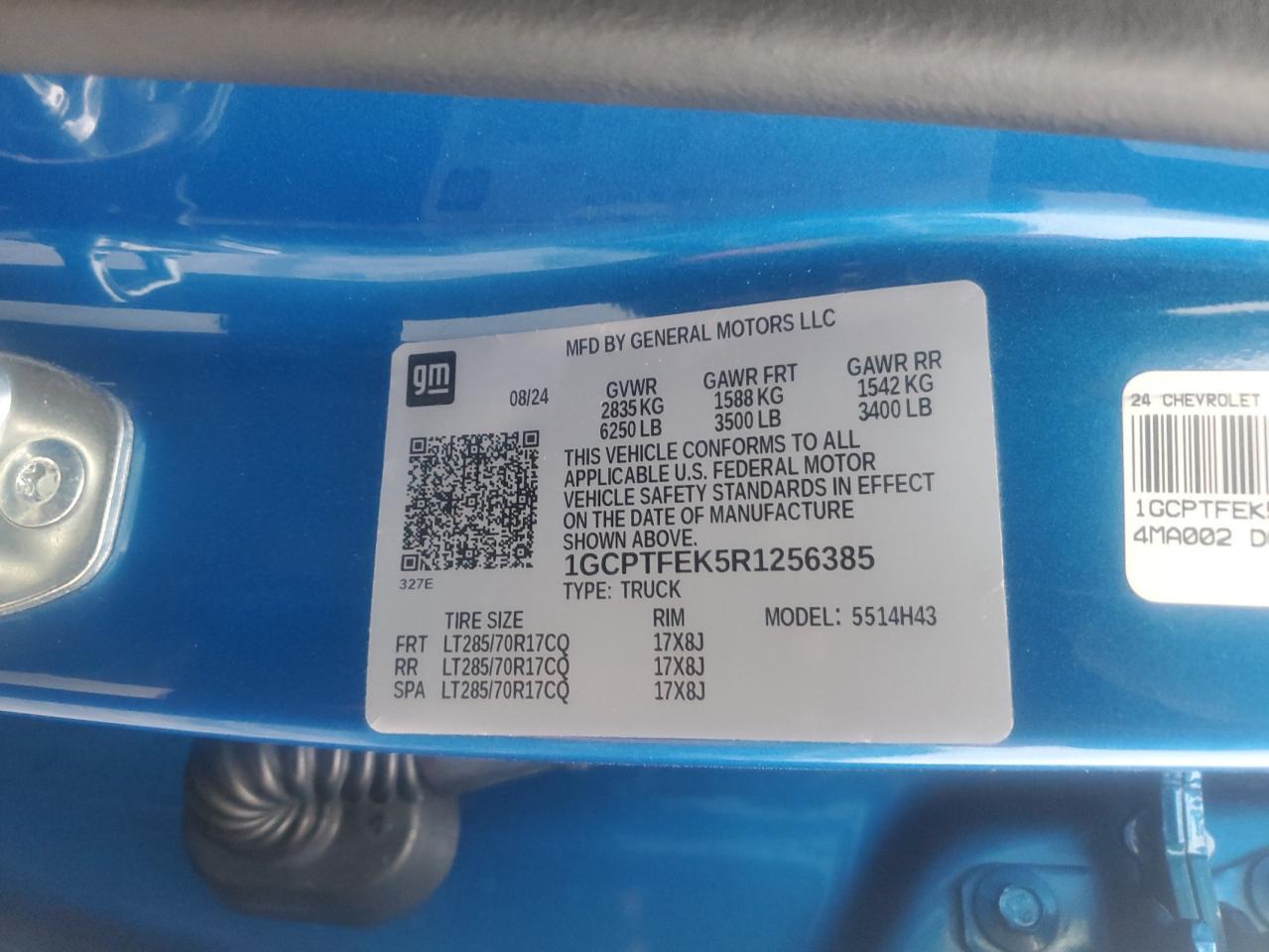 2024 Chevrolet Colorado Zr2 VIN: 1GCPTFEK5R1256385 Lot: 93629915