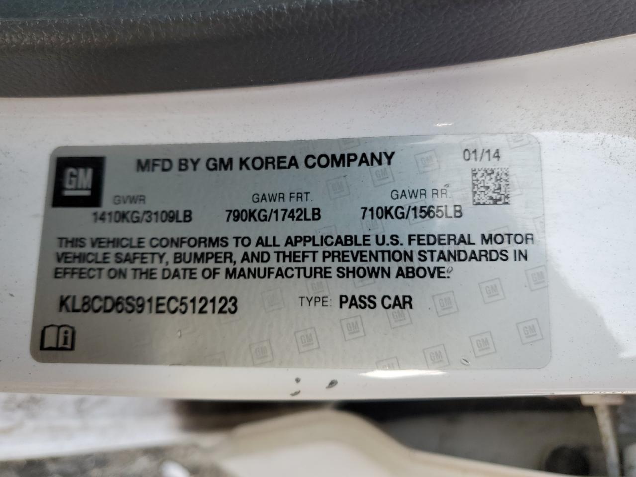 2014 Chevrolet Spark 1Lt VIN: KL8CD6S91EC512123 Lot: 92061515