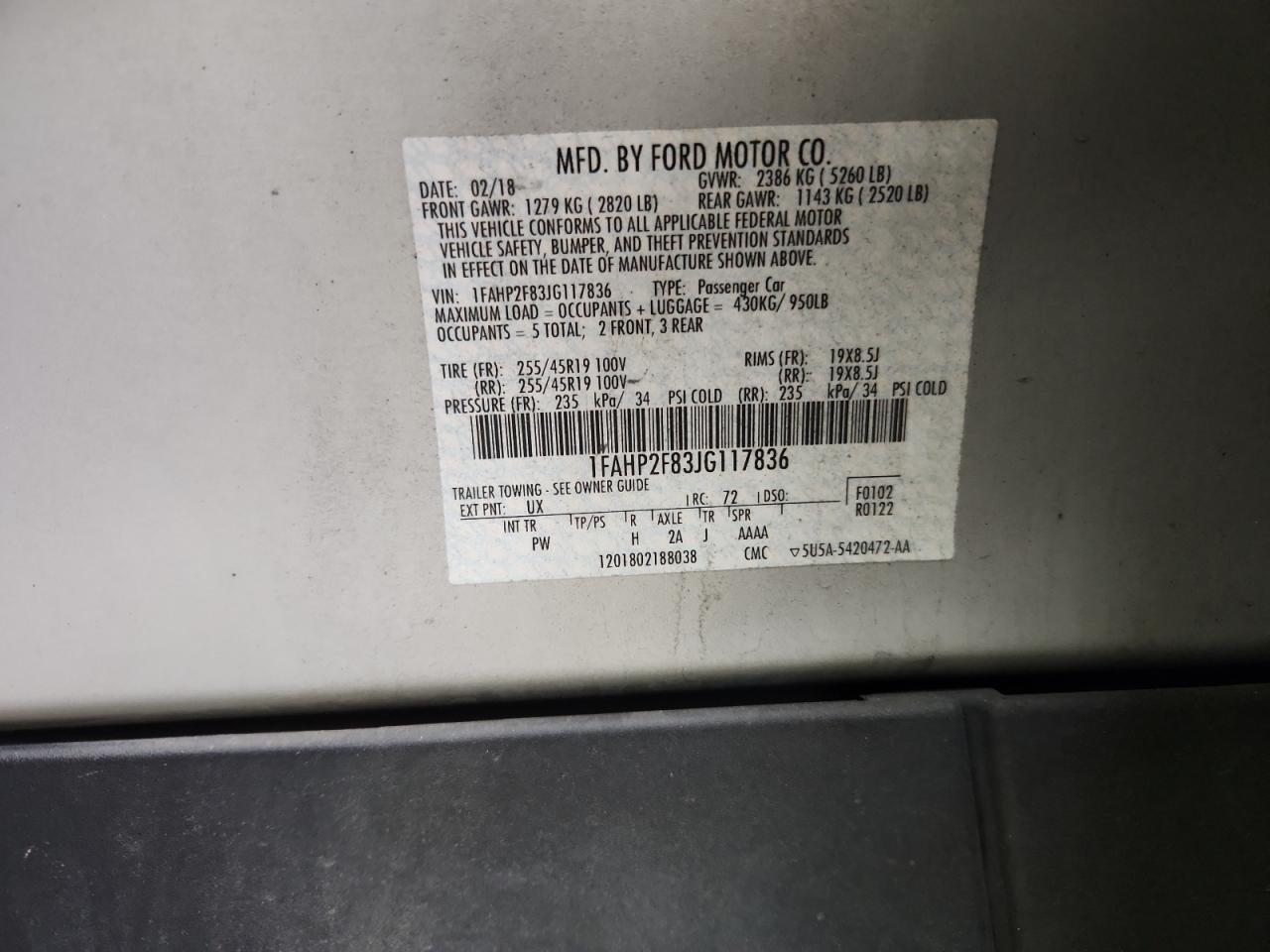 2018 Ford Taurus Limited VIN: 1FAHP2F83JG117836 Lot: 93317535