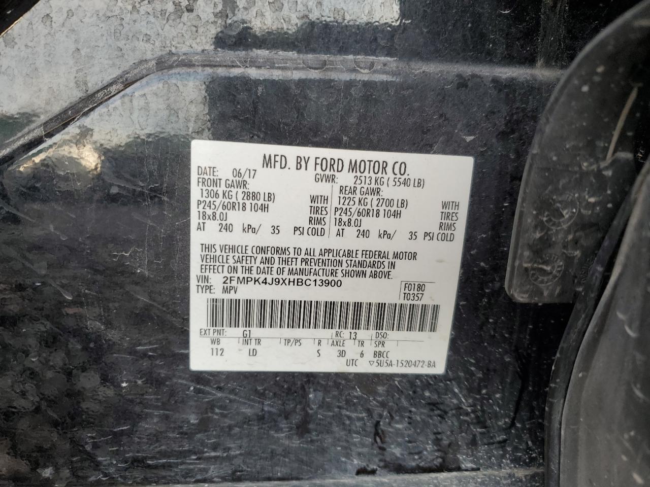 2017 Ford Edge Sel VIN: 2FMPK4J9XHBC13900 Lot: 92371105