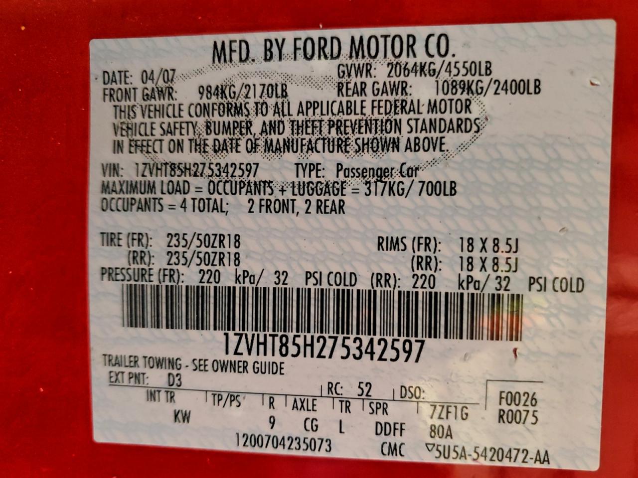 2007 Ford Mustang Gt VIN: 1ZVHT85H275342597 Lot: 94655355