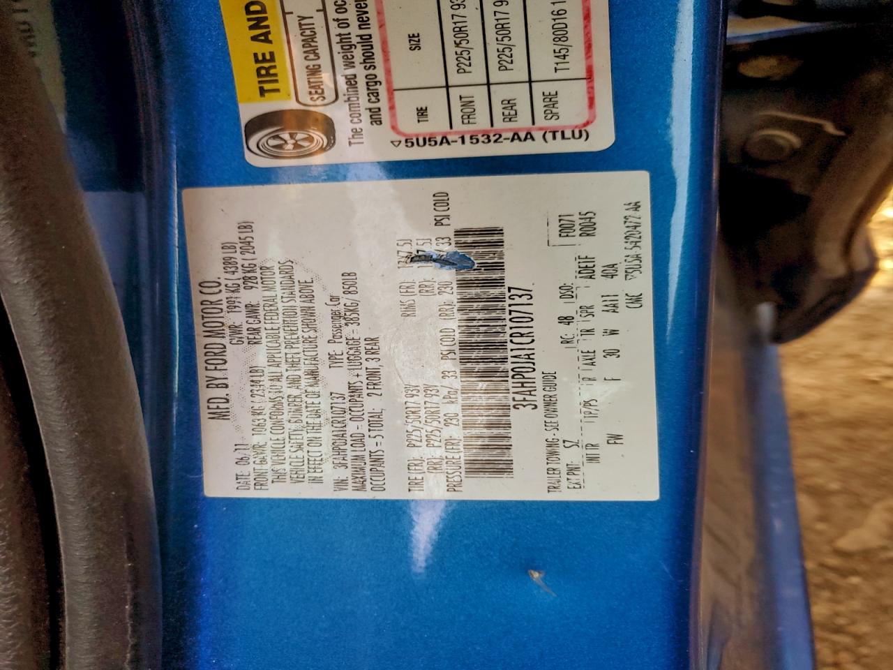 2012 Ford Fusion Sel VIN: 3FAHP0JA1CR107137 Lot: 93947445