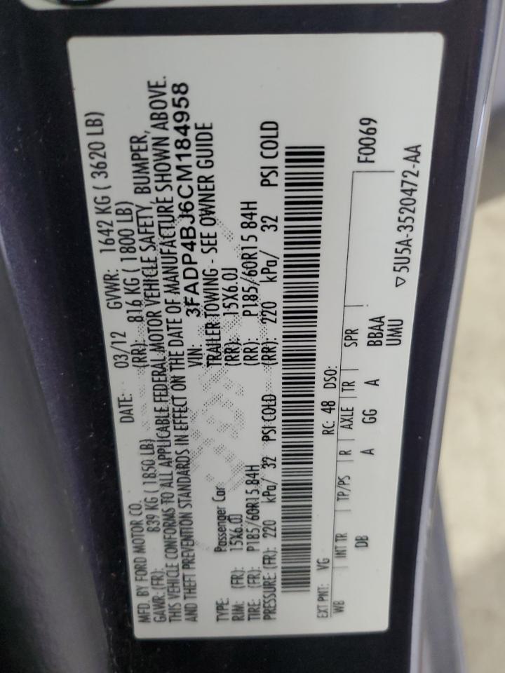 2012 Ford Fiesta Se VIN: 3FADP4BJ6CM184958 Lot: 92330925