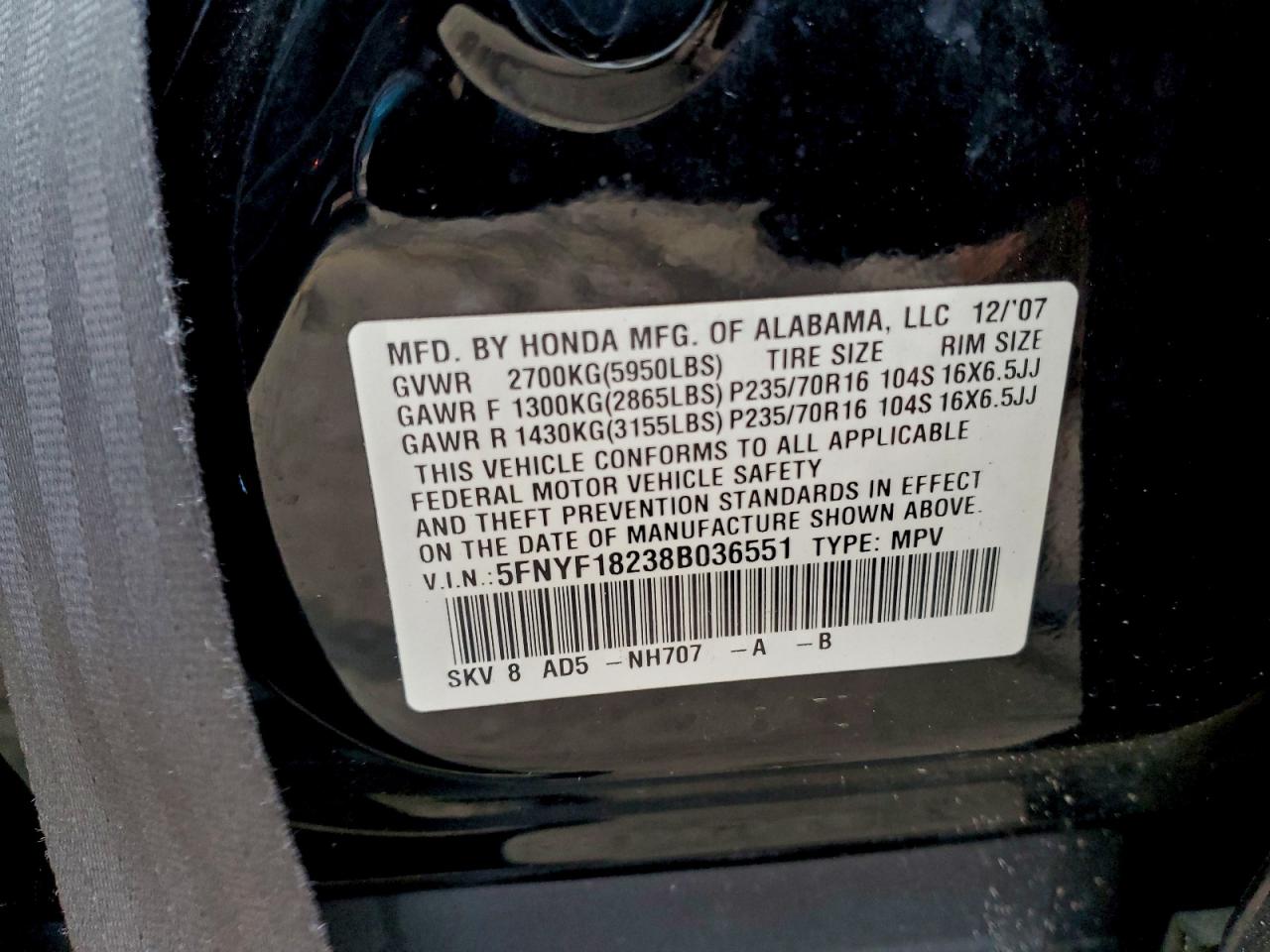 2008 Honda Pilot Vp VIN: 5FNYF18238B036551 Lot: 94441825