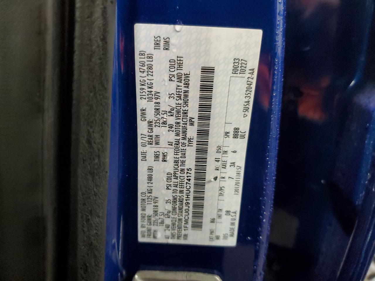 2017 Ford Escape Titanium VIN: 1FMCU0J91HUC74175 Lot: 93283635