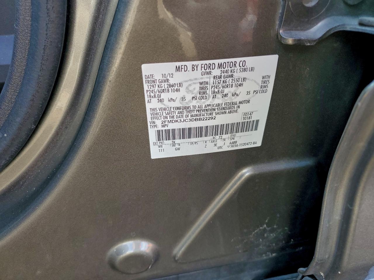 2013 Ford Edge Sel VIN: 2FMDK3JC3DBB22292 Lot: 94483155