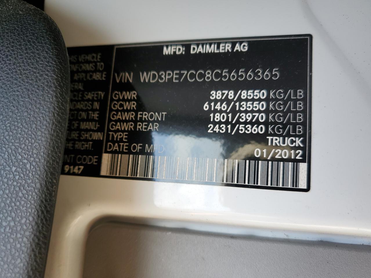 2012 Mercedes Benz Sprinter Delivery Van VIN: WD3PE7CC8C5656365 Lot: 90510035