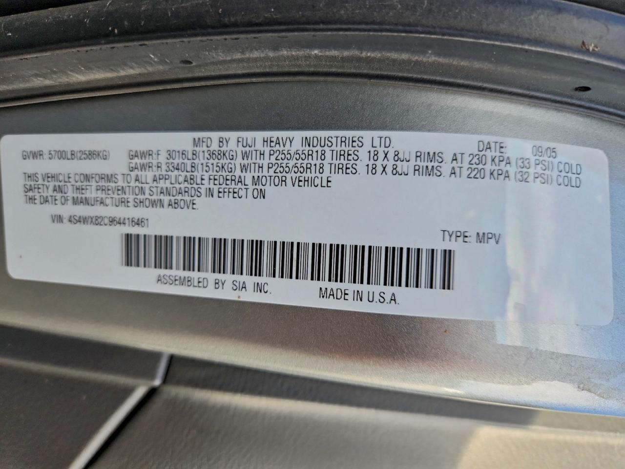 2006 Subaru B9 Tribeca 3.0 H6 VIN: 4S4WX82C964416461 Lot: 93869805