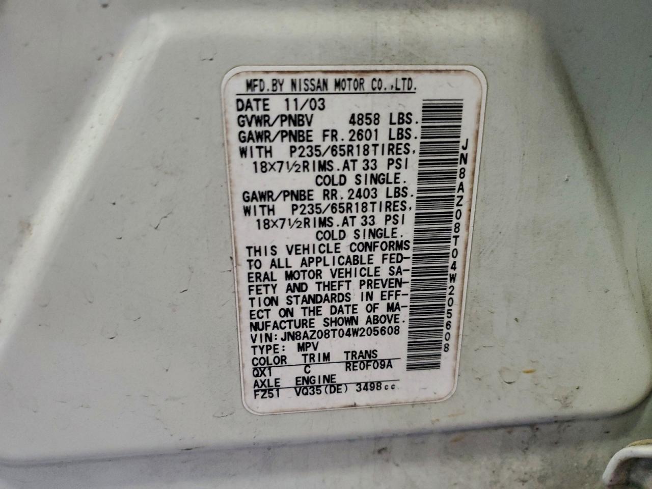 2004 Nissan Murano Sl VIN: JN8AZ08T04W205608 Lot: 94559905