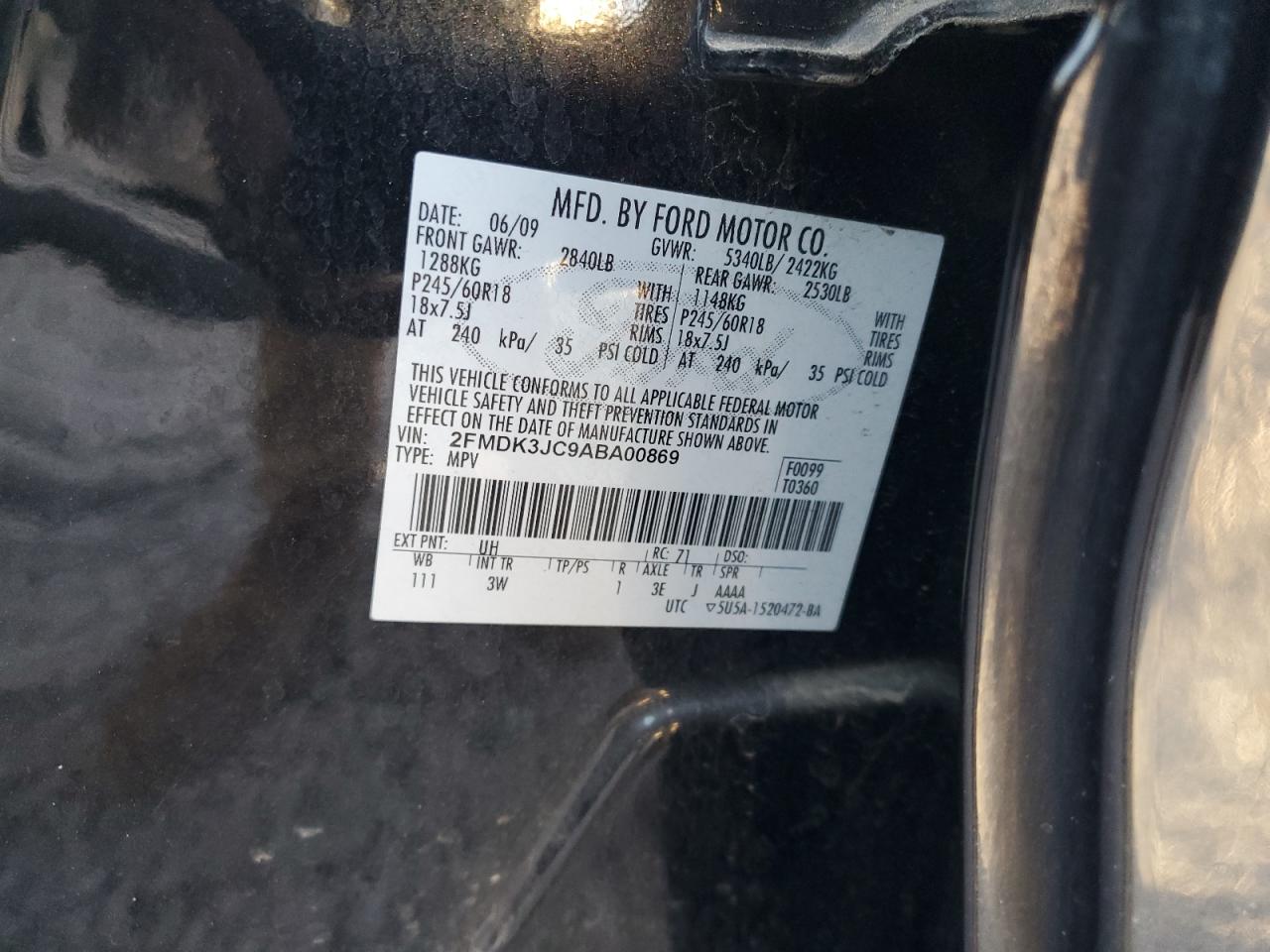 2010 Ford Edge Sel VIN: 2FMDK3JC9ABA00869 Lot: 92015235