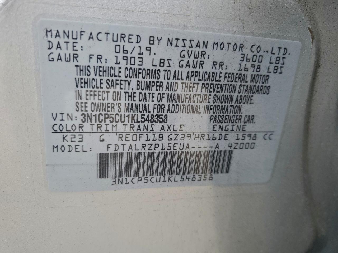 2019 Nissan Kicks S VIN: 3N1CP5CU1KL548358 Lot: 93851195