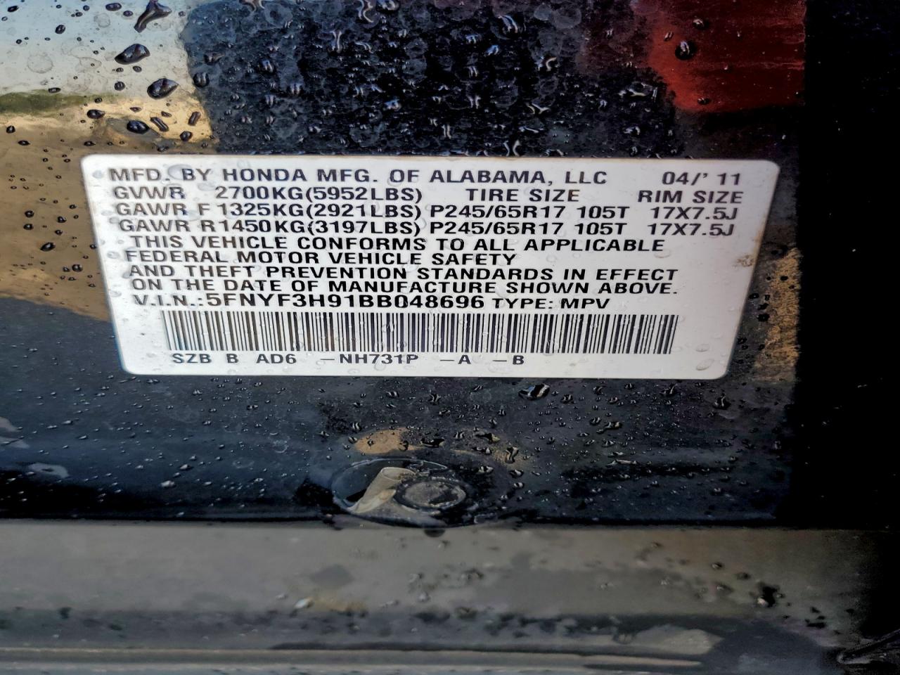 2011 Honda Pilot Touring VIN: 5FNYF3H91BB048696 Lot: 94115245