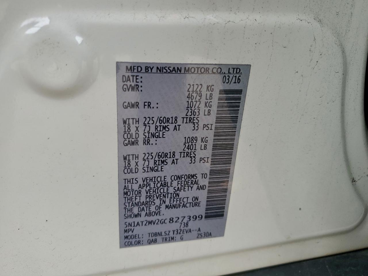 2016 Nissan Rogue S VIN: 5N1AT2MV2GC827399 Lot: 94322105