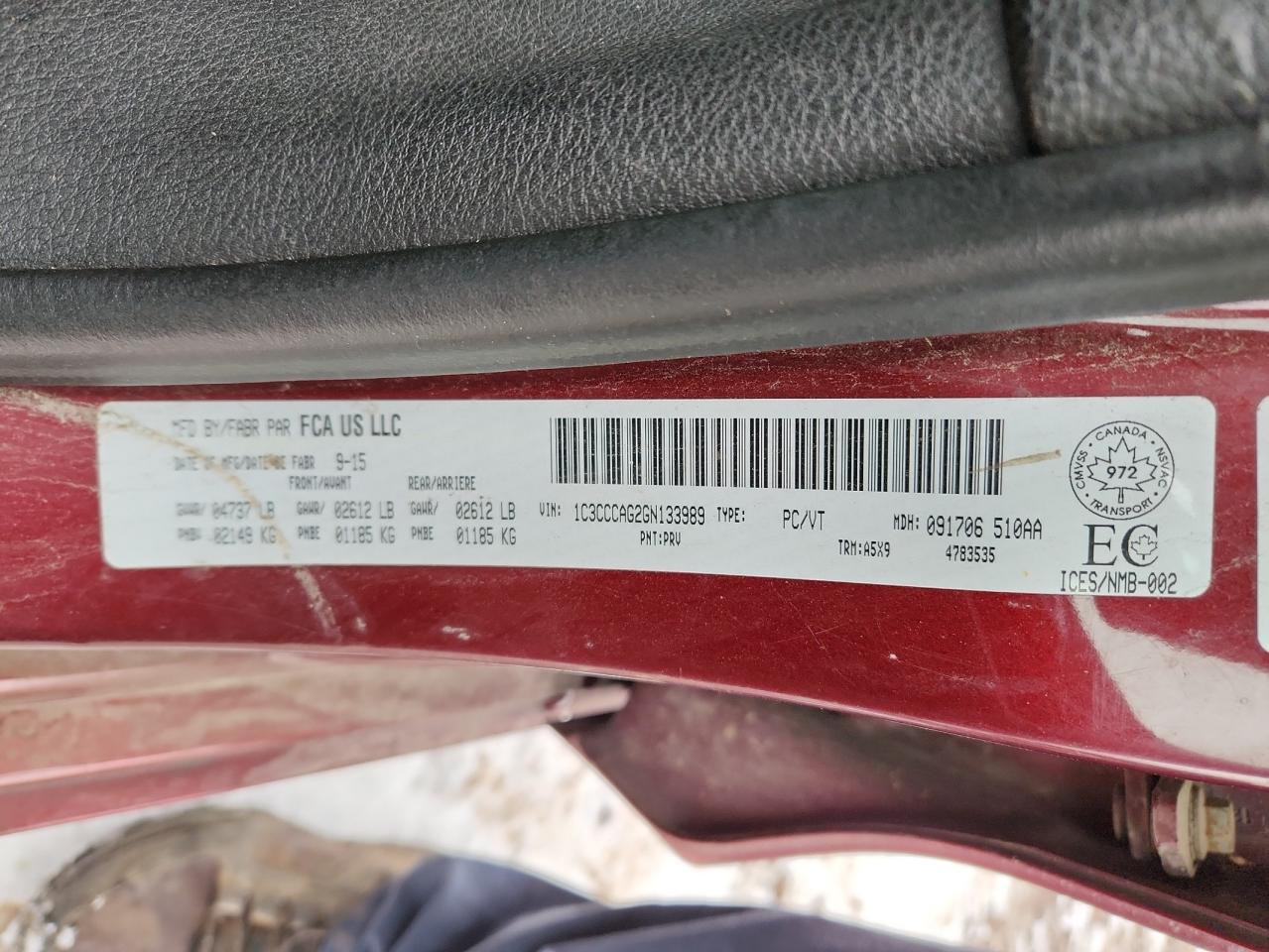 2016 Chrysler 200 Limited VIN: 1C3CCCAG2GN133989 Lot: 92121195