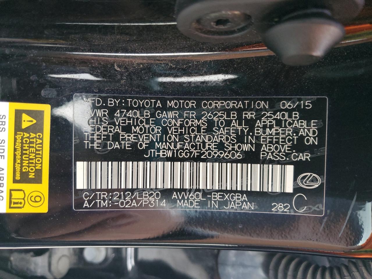 2015 Lexus Es 300H VIN: JTHBW1GG7F2099606 Lot: 92819235