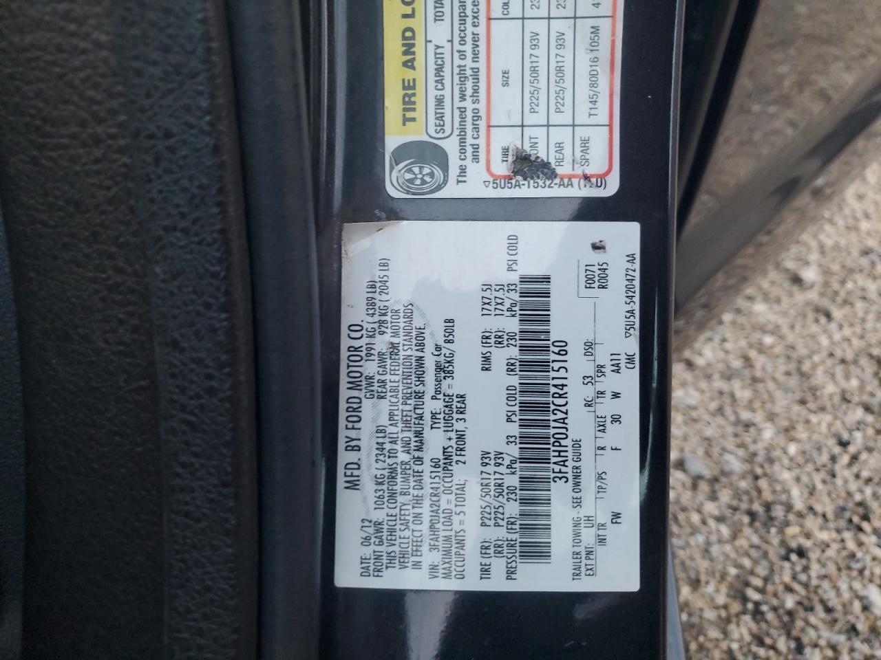2012 Ford Fusion Sel VIN: 3FAHP0JA2CR415160 Lot: 92859725