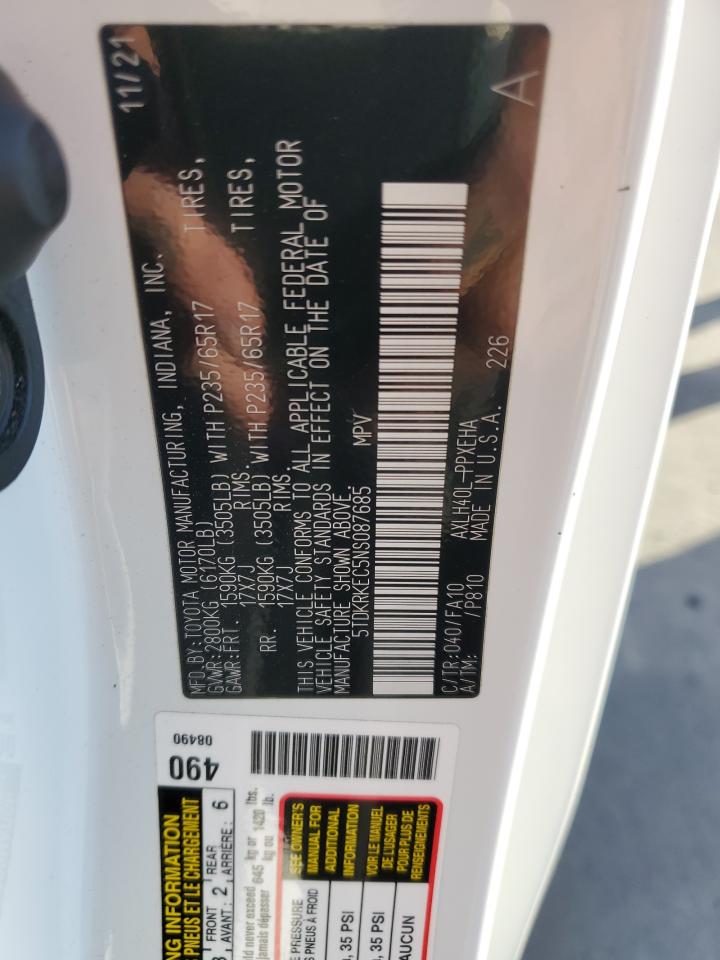 2022 Toyota Sienna Le VIN: 5TDKRKEC5NS087685 Lot: 91570485