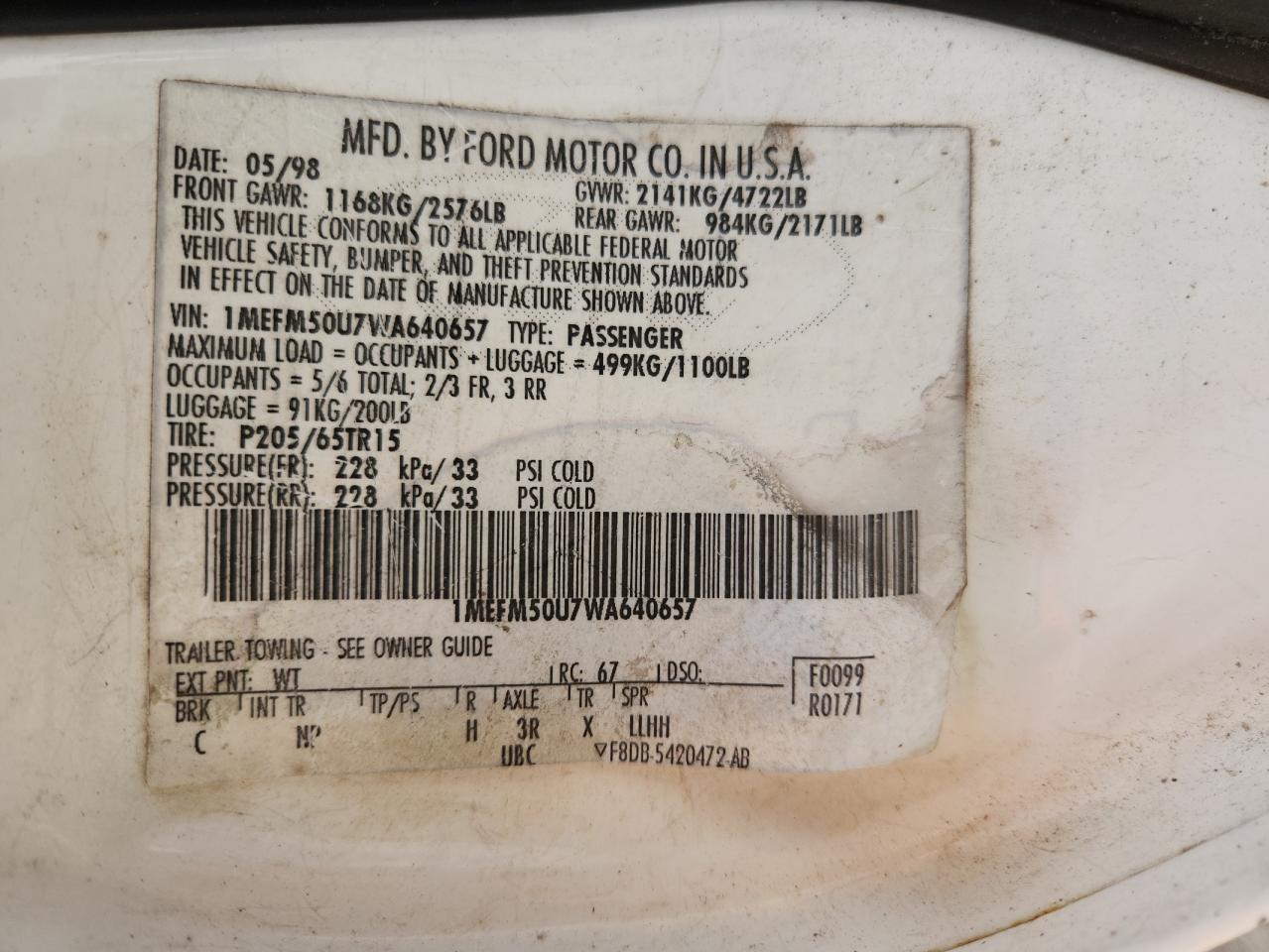 1998 Mercury Sable Gs VIN: 1MEFM50U7WA640657 Lot: 92916995