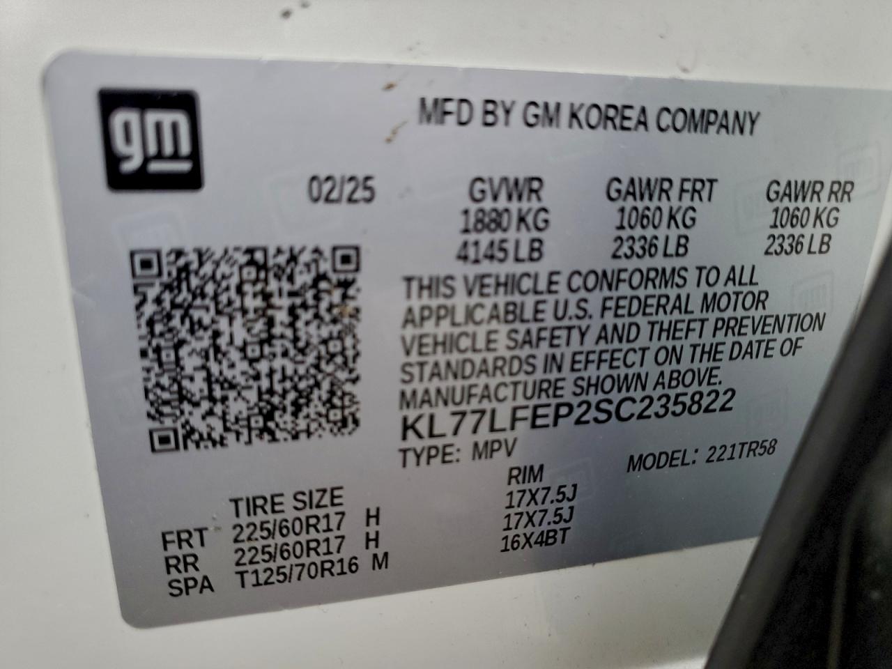 2025 Chevrolet Trax Ls VIN: KL77LFEP2SC235822 Lot: 94116135