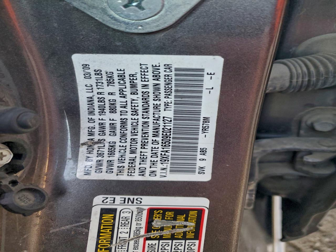 2009 Honda Civic Lx VIN: 19XFA16509E021127 Lot: 94751535