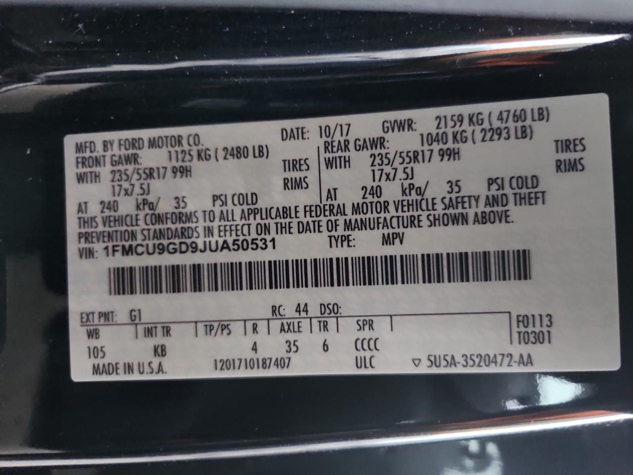 2018 Ford Escape Se VIN: 1FMCU9GD9JUA50531 Lot: 93654875