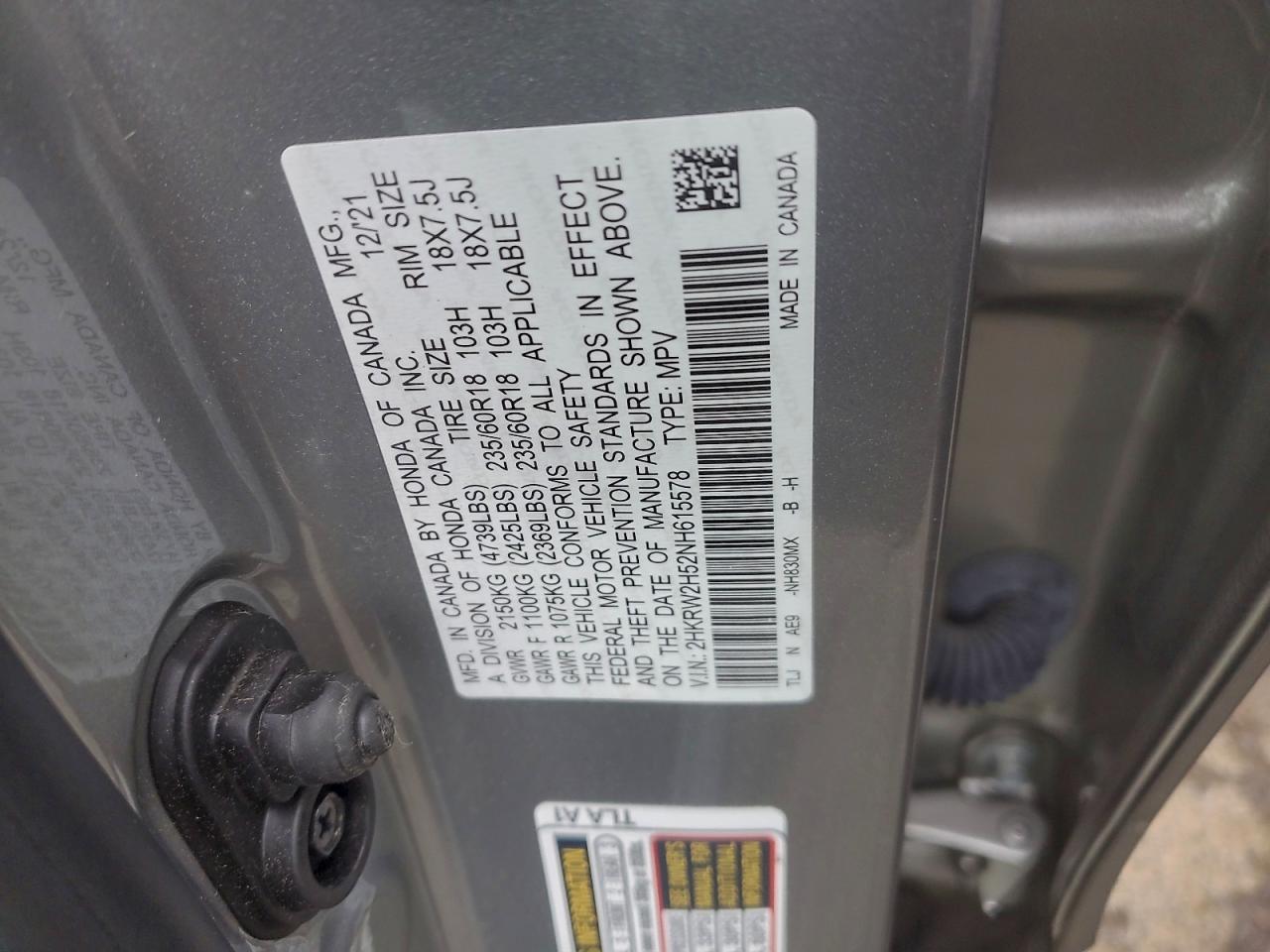 2022 Honda Cr-V Ex VIN: 2HKRW2H52NH615578 Lot: 93559645