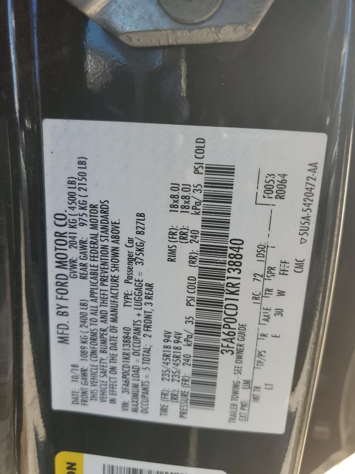 2019 Ford Fusion Sel VIN: 3FA6P0CD1KR138840 Lot: 85954915