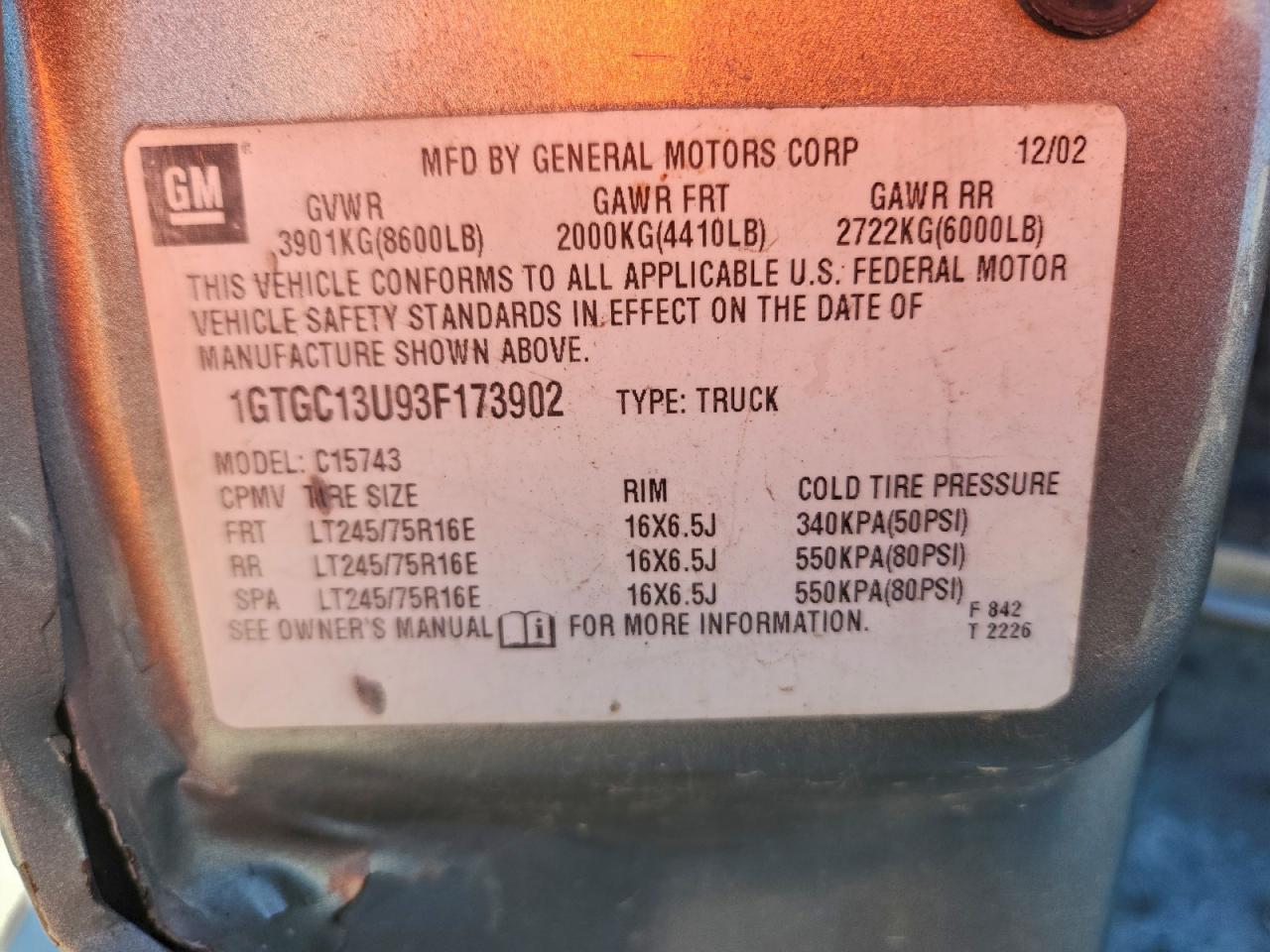2003 GMC Sierra C1500 Heavy Duty VIN: 1GTGC13U93F173902 Lot: 93115335