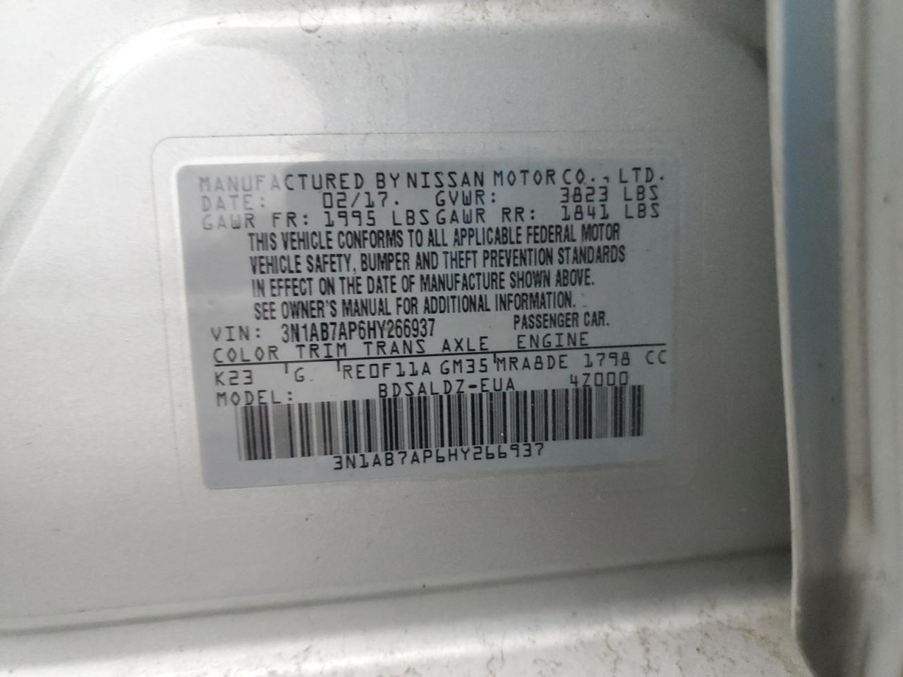 2017 Nissan Sentra S VIN: 3N1AB7AP6HY266937 Lot: 91125605