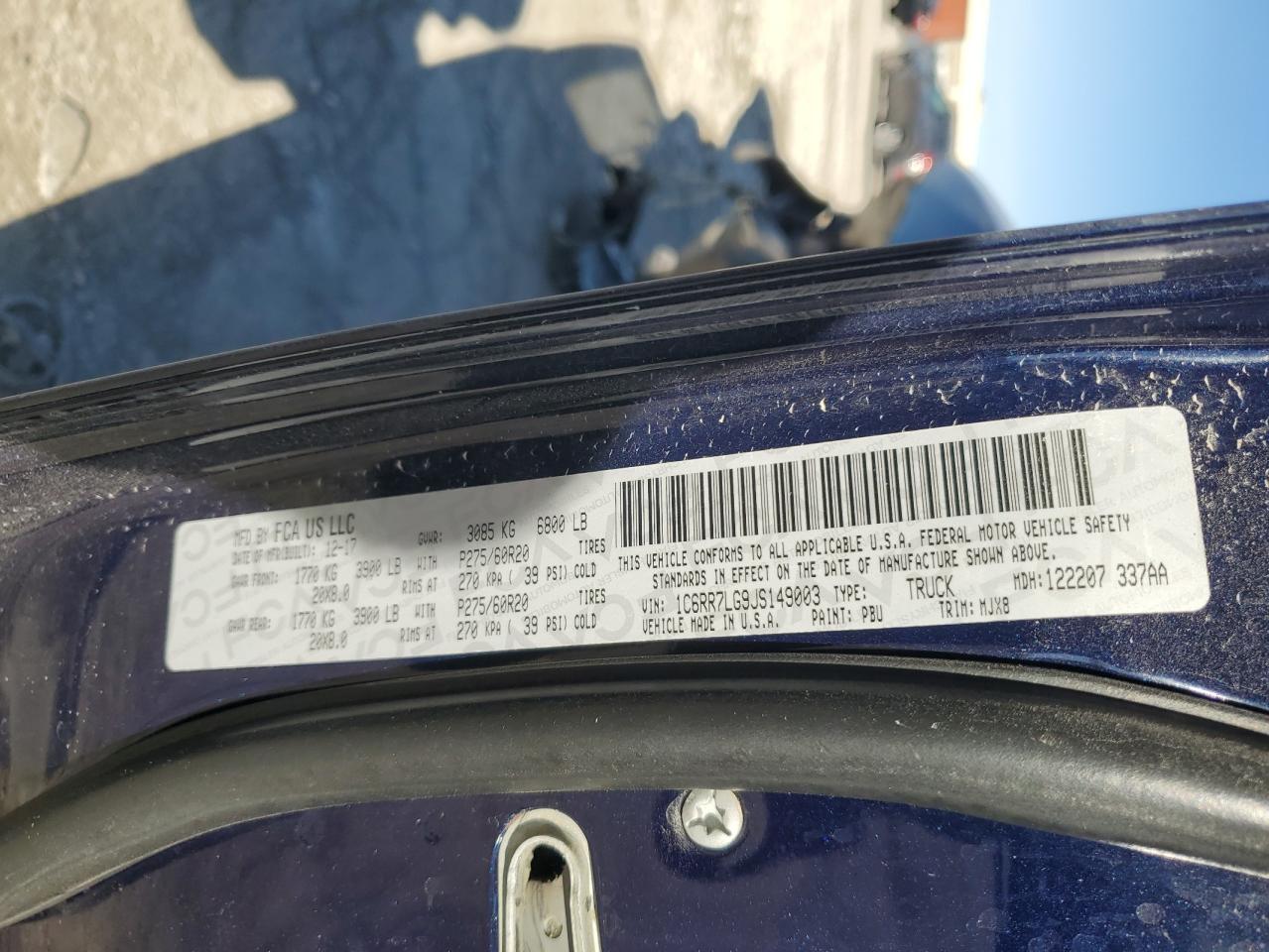 2018 Ram 1500 Slt VIN: 1C6RR7LG9JS149003 Lot: 92246025