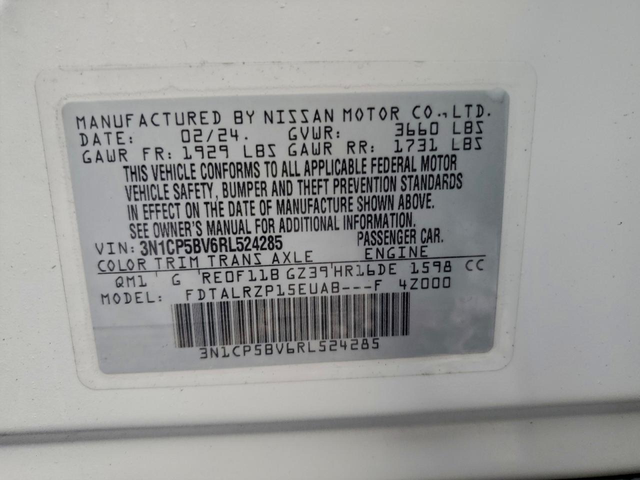 2024 Nissan Kicks S VIN: 3N1CP5BV6RL524285 Lot: 94339955