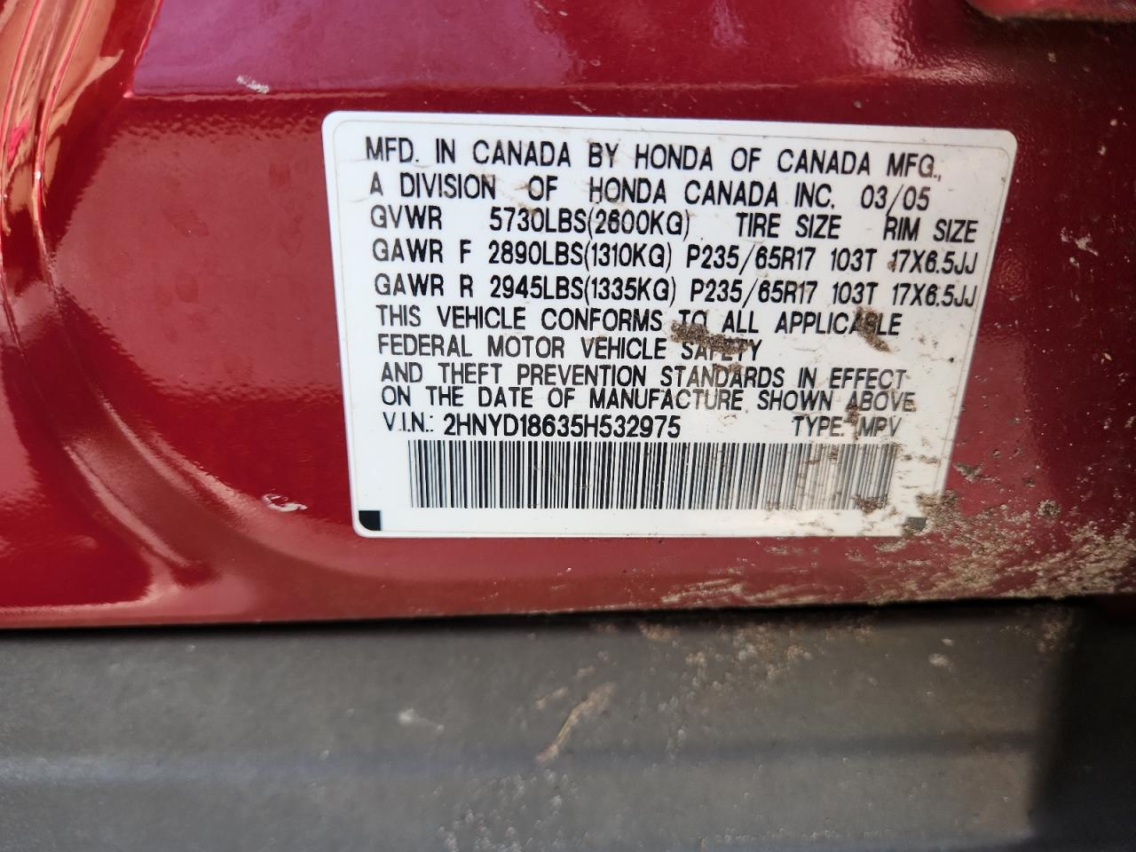 2005 Acura Mdx Touring VIN: 2HNYD18635H532975 Lot: 94025105